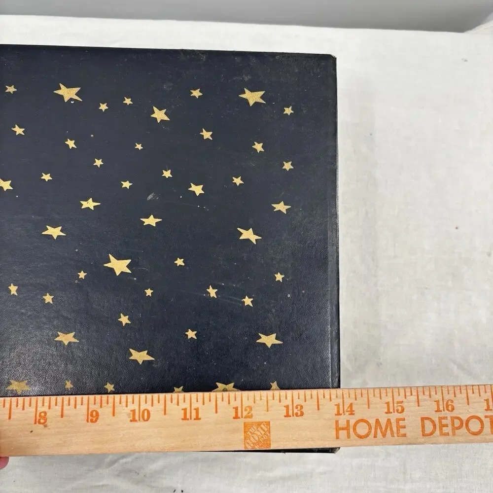 Vtg 2 Tier Jewelry Box Black Leathette Gold Stars Celestial 14x8.5